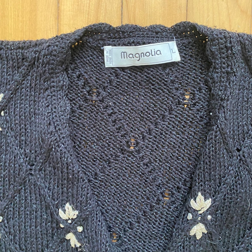 Magnolia Vintage Black Embroidered Beaded Peplum Cardigan Sweater Pearl Button L - Picture 3 of 12